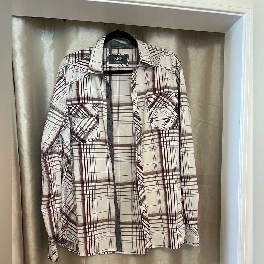 BKE Maroon and White Plaid Shirt